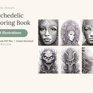 May include: A digital coloring book titled Calm Kids Sensory Psychedelic Coloring Book with 84 illustrations. The product includes 4 print-ready PDF files in US Letter 8.5 x 11 in format, featuring black and white line art of faces and creatures.