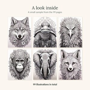 May include: A coloring book page sample featuring six black and white animal illustrations including a wolf, turtle, eagle, monkey, elephant, and fox. The text reads A look inside, A small sample from the 99 pages, and 99 illustrations in total.