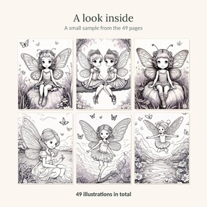 May include: A coloring book page sample featuring six black and white line art illustrations of fairies in various settings. The text A look inside, A small sample from the 49 pages, and 49 illustrations in total are printed on the page.