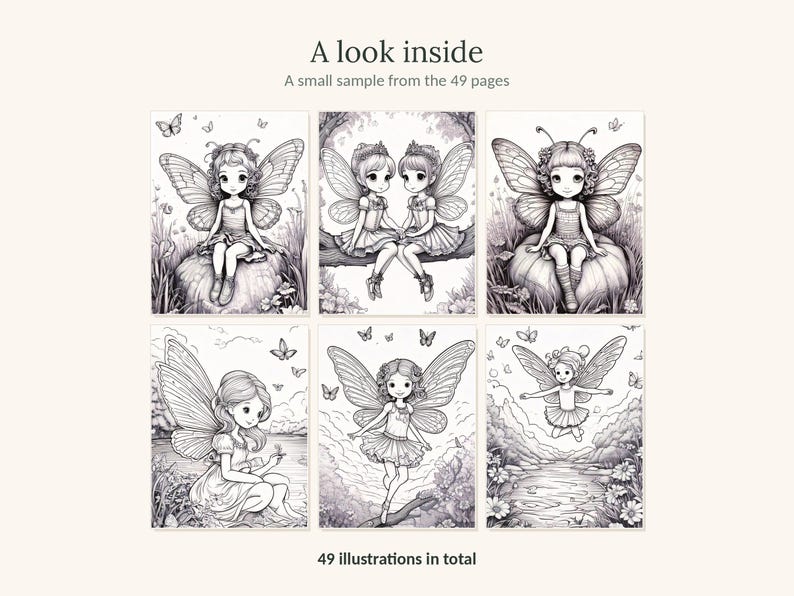May include: A coloring book page sample featuring six black and white line art illustrations of fairies in various settings. The text A look inside, A small sample from the 49 pages, and 49 illustrations in total are printed on the page.