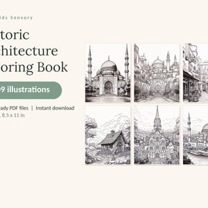 May include: A digital coloring book titled Historic Architecture Coloring Book with 109 illustrations. The cover displays six black and white line art drawings of various buildings. It includes 5 print-ready PDF files in US Letter 8.5 x 11 in.