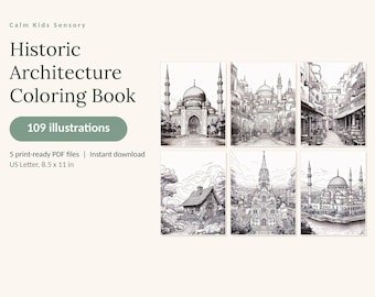 May include: A digital coloring book titled Historic Architecture Coloring Book with 109 illustrations. The cover displays six black and white line art drawings of various buildings. It includes 5 print-ready PDF files in US Letter 8.5 x 11 in.