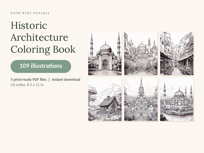 May include: A digital coloring book titled Historic Architecture Coloring Book with 109 illustrations. The cover displays six black and white line art drawings of various buildings. It includes 5 print-ready PDF files in US Letter 8.5 x 11 in.