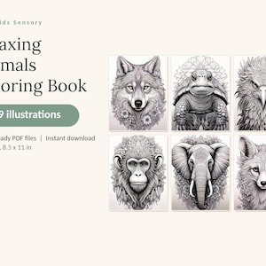 May include: A digital coloring book titled Calm Kids Sensory Relaxing Animals Coloring Book with 99 illustrations. The cover displays six black and white line art drawings of a wolf, turtle, eagle, monkey, elephant, and fox, sized 8.5 x 11 in.