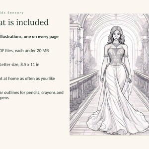 May include: A digital coloring book listing titled Calm Kids Sensory. It includes 74 illustrations, 4 PDF files under 20 MB, and US Letter size 8.5 x 11 in pages. The image features a black and white line drawing of a person in a gown on a walkway.