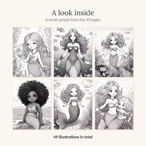 Puede incluir: Una muestra de libro para colorear con seis ilustraciones en blanco y negro de sirenas en entornos submarinos. El texto dice A look inside, A small sample from the 49 pages y 49 illustrations in total. Cada p&aacute;gina muestra dibujos de l&iacute;neas detallados.