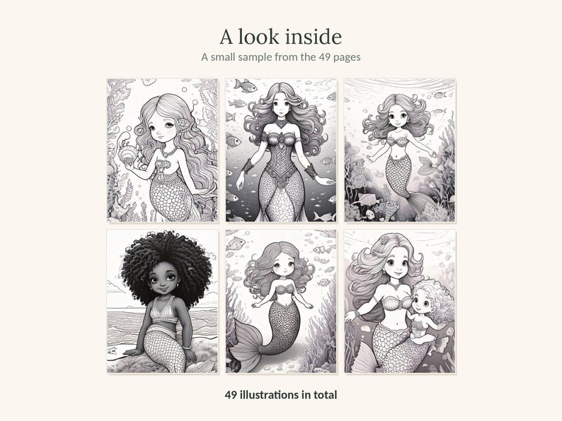 Puede incluir: Una muestra de libro para colorear con seis ilustraciones en blanco y negro de sirenas en entornos submarinos. El texto dice A look inside, A small sample from the 49 pages y 49 illustrations in total. Cada p&aacute;gina muestra dibujos de l&iacute;neas detallados.