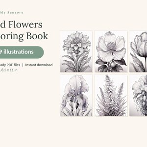 May include: A digital coloring book titled Calm Kids Sensory Wild Flowers Coloring Book with 99 illustrations. It includes 4 print-ready PDF files in US Letter 8.5 x 11 in format, featuring six black and white line art drawings of various flowers.