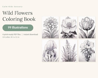 May include: A digital coloring book titled Calm Kids Sensory Wild Flowers Coloring Book with 99 illustrations. It includes 4 print-ready PDF files in US Letter 8.5 x 11 in format, featuring six black and white line art drawings of various flowers.