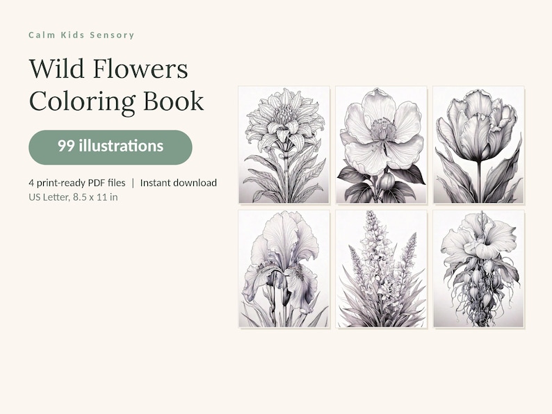 May include: A digital coloring book titled Calm Kids Sensory Wild Flowers Coloring Book with 99 illustrations. It includes 4 print-ready PDF files in US Letter 8.5 x 11 in format, featuring six black and white line art drawings of various flowers.
