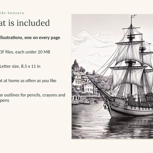 K&ouml;nnte beinhalten: Ein digitales Ausmalset mit einer schwarz-wei&szlig;en Illustration eines Segelschiffs in der N&auml;he einer K&uuml;stenstadt. Der Text umfasst: Calm Kids Sensory, What is included, 59 illustrations, one on every page, 4 PDF files, US Letter size 8.5 x 11 in.