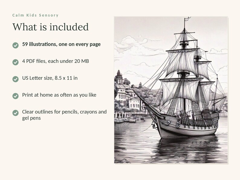 K&ouml;nnte beinhalten: Ein digitales Ausmalset mit einer schwarz-wei&szlig;en Illustration eines Segelschiffs in der N&auml;he einer K&uuml;stenstadt. Der Text umfasst: Calm Kids Sensory, What is included, 59 illustrations, one on every page, 4 PDF files, US Letter size 8.5 x 11 in.