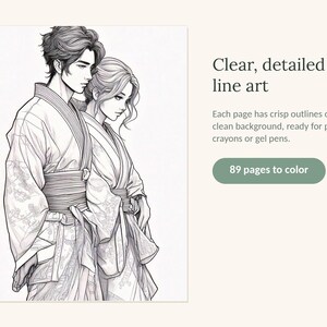 May include: A coloring book featuring 89 pages of detailed line art. The cover displays a black and white illustration of two individuals in traditional robes standing side by side. Text on the cover reads: Clear, detailed line art, Each page has crisp outlines on a clean background, ready for pencils, crayons or gel pens, and 89 pages to color.