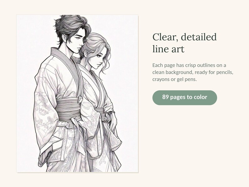 May include: A coloring book featuring 89 pages of detailed line art. The cover displays a black and white illustration of two individuals in traditional robes standing side by side. Text on the cover reads: Clear, detailed line art, Each page has crisp outlines on a clean background, ready for pencils, crayons or gel pens, and 89 pages to color.