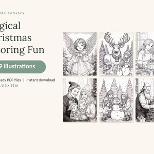 Może przedstawiać: Cyfrowa kolorowanka zatytułowana Magical Christmas Coloring Fun zawierająca 49 ilustracji. Okładka przedstawia sześć czarno-białych rysunk&oacute;w liniowych z aniołem, reniferem, rodziną z prezentami, bałwanem i Mikołajem dekorującym choinkę.