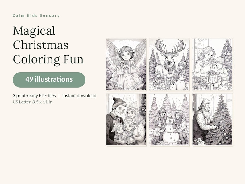 Może przedstawiać: Cyfrowa kolorowanka zatytułowana Magical Christmas Coloring Fun zawierająca 49 ilustracji. Okładka przedstawia sześć czarno-białych rysunk&oacute;w liniowych z aniołem, reniferem, rodziną z prezentami, bałwanem i Mikołajem dekorującym choinkę.