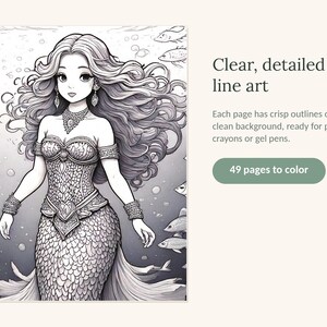 Puede incluir: Una p&aacute;gina de libro para colorear con una sirena de cabello largo y fluido, que lleva un corpi&ntilde;o detallado y una cola con patr&oacute;n de escamas, rodeada de peces y burbujas. El texto dice: Clear, detailed line art, Each page has crisp outlines on a clean background, ready for pencils, crayons or gel pens, 49 pages to color.
