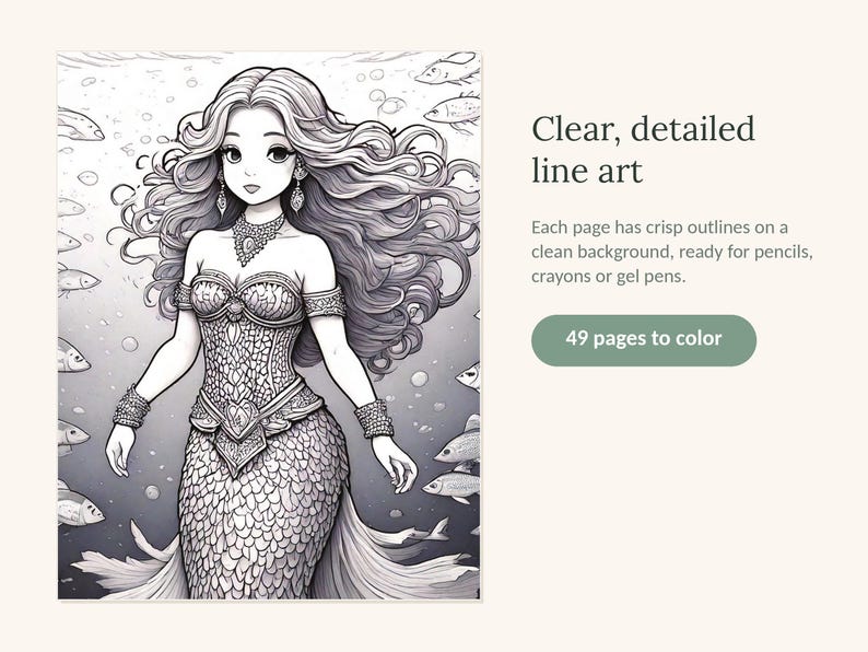 Puede incluir: Una p&aacute;gina de libro para colorear con una sirena de cabello largo y fluido, que lleva un corpi&ntilde;o detallado y una cola con patr&oacute;n de escamas, rodeada de peces y burbujas. El texto dice: Clear, detailed line art, Each page has crisp outlines on a clean background, ready for pencils, crayons or gel pens, 49 pages to color.