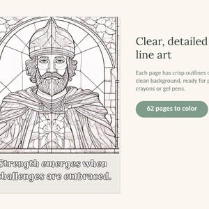 Puede incluir: Una p&aacute;gina de libro para colorear con una ilustraci&oacute;n de l&iacute;neas en blanco y negro de una persona barbuda con casco y capa, enmarcada por un arco. El texto dice: Strength emerges when challenges are embraced. Contiene 62 p&aacute;ginas para colorear.