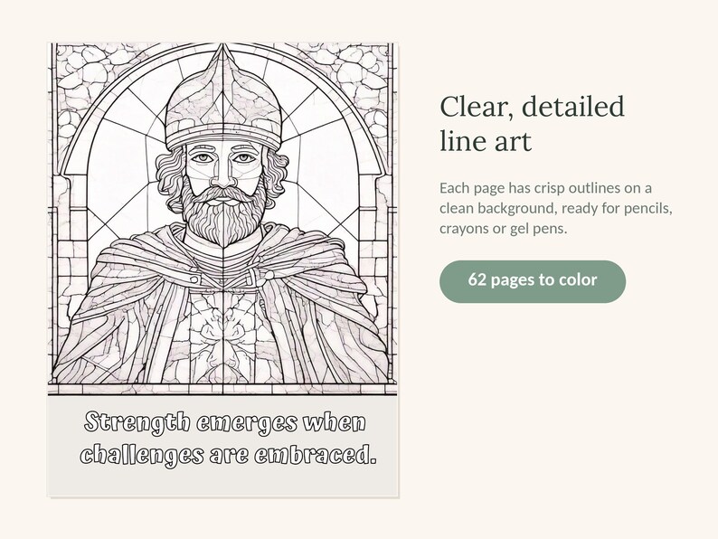 Puede incluir: Una p&aacute;gina de libro para colorear con una ilustraci&oacute;n de l&iacute;neas en blanco y negro de una persona barbuda con casco y capa, enmarcada por un arco. El texto dice: Strength emerges when challenges are embraced. Contiene 62 p&aacute;ginas para colorear.