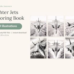 Może przedstawiać: Kolorowanka Fighter Jets zawierająca 49 ilustracji, dostarczana w formie 3 gotowych do druku plik&oacute;w PDF o wymiarach 21,59 x 27,94 cm. Okładka przedstawia sześć czarno-białych rysunk&oacute;w liniowych r&oacute;żnych odrzutowc&oacute;w w locie nad krajobrazami.
