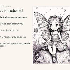 May include: A digital coloring book featuring 49 illustrations, 3 PDF files under 20 MB, and US Letter size 8.5 x 11 inches. The image shows a black and white line drawing of a fairy with large wings sitting on a rock surrounded by flowers.