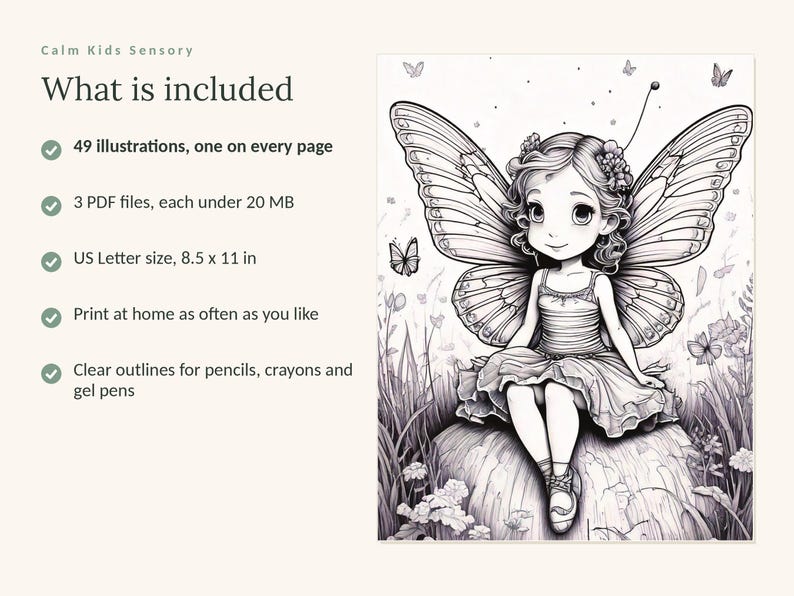 May include: A digital coloring book featuring 49 illustrations, 3 PDF files under 20 MB, and US Letter size 8.5 x 11 inches. The image shows a black and white line drawing of a fairy with large wings sitting on a rock surrounded by flowers.