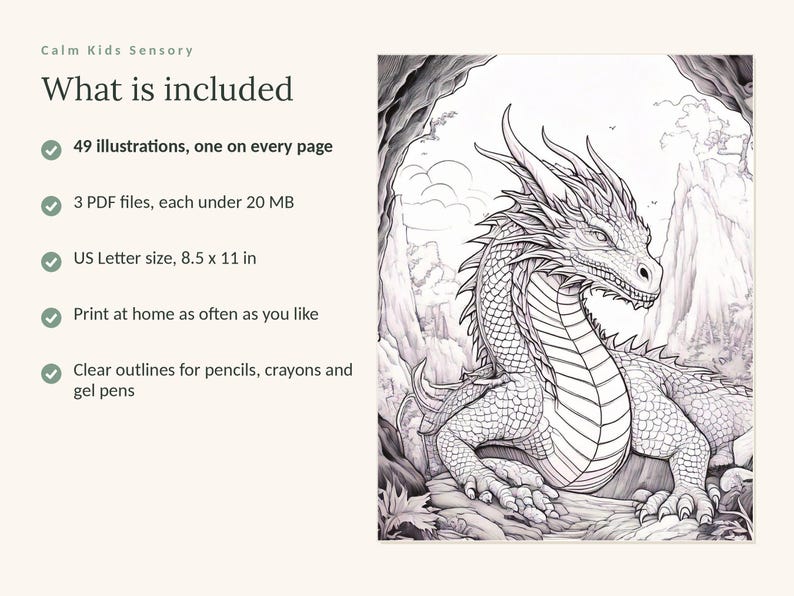 May include: A digital coloring book listing featuring a black and white line art illustration of a dragon in a mountain landscape. Text includes: Calm Kids Sensory, What is included, 49 illustrations, 3 PDF files, US Letter size 8.5 x 11 in.