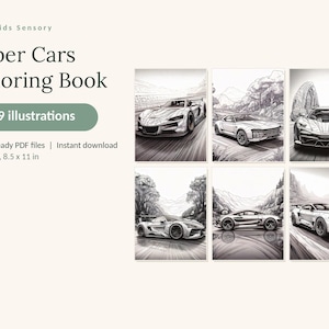 May include: A digital coloring book titled Super Cars Coloring Book featuring 79 illustrations. The product includes 4 print-ready PDF files in US Letter size, 8.5 x 11 in. The cover displays six black and white line art drawings of sports cars.