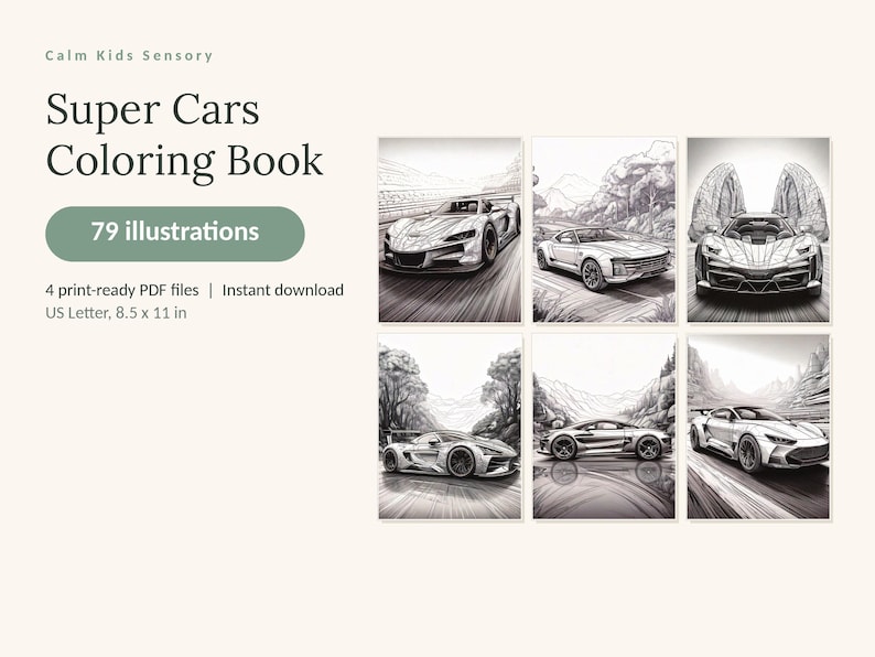 May include: A digital coloring book titled Super Cars Coloring Book featuring 79 illustrations. The product includes 4 print-ready PDF files in US Letter size, 8.5 x 11 in. The cover displays six black and white line art drawings of sports cars.