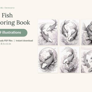 以下が含まれることがあります： 99点のイラストを収録したデジタル鯉の塗り絵ブック。5つの印刷用PDFファイルが含まれています。テキストには「Calm Kids Sensory」「Koi Fish Coloring Book」「99 illustrations」「5 print-ready PDF files」「Instant download」「US Letter, 8.5 x 11 in」と記載されています。