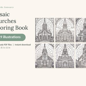 May include: A digital coloring book titled Calm Kids Sensory Mosaic Churches Coloring Book featuring 129 illustrations. The product includes 5 print-ready PDF files in US Letter 8.5 x 11 in format, displaying six black and white church line art designs.