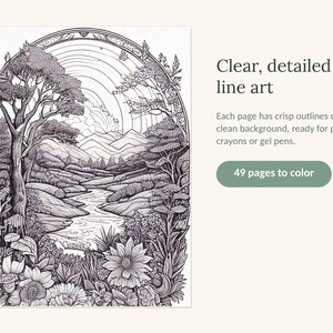 Puede incluir: Una p&aacute;gina de libro para colorear con una ilustraci&oacute;n detallada en blanco y negro de un paisaje con un r&iacute;o sinuoso, monta&ntilde;as, &aacute;rboles y flores enmarcados en un arco. El texto dice: Clear, detailed line art, Each page has crisp outlines on a clean background, ready for pencils, crayons or gel pens, 49 pages to color.