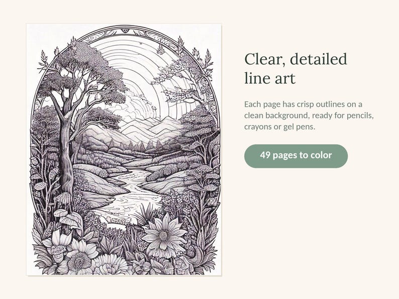 Puede incluir: Una p&aacute;gina de libro para colorear con una ilustraci&oacute;n detallada en blanco y negro de un paisaje con un r&iacute;o sinuoso, monta&ntilde;as, &aacute;rboles y flores enmarcados en un arco. El texto dice: Clear, detailed line art, Each page has crisp outlines on a clean background, ready for pencils, crayons or gel pens, 49 pages to color.
