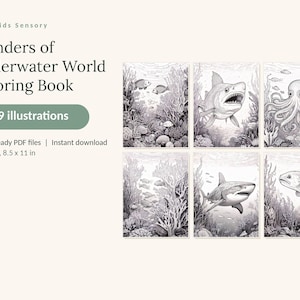 May include: A digital colouring book titled Wonders of Underwater World Colouring Book with 49 illustrations. The product includes 3 print-ready PDF files in 21.59 x 27.94 cm size, featuring black and white line art of sharks, an octopus, and various fish.