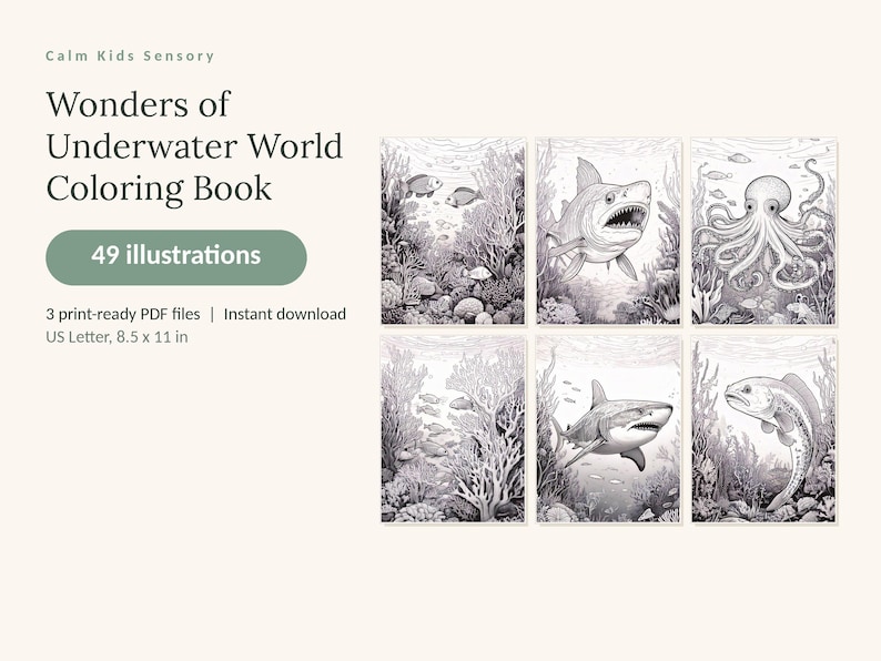 May include: A digital colouring book titled Wonders of Underwater World Colouring Book with 49 illustrations. The product includes 3 print-ready PDF files in 21.59 x 27.94 cm size, featuring black and white line art of sharks, an octopus, and various fish.