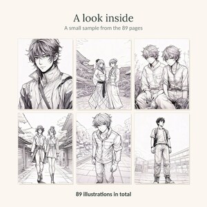 May include: A coloring book page preview featuring six black and white anime-style illustrations of characters in various settings. The text reads A look inside, A small sample from the 89 pages, and 89 illustrations in total.