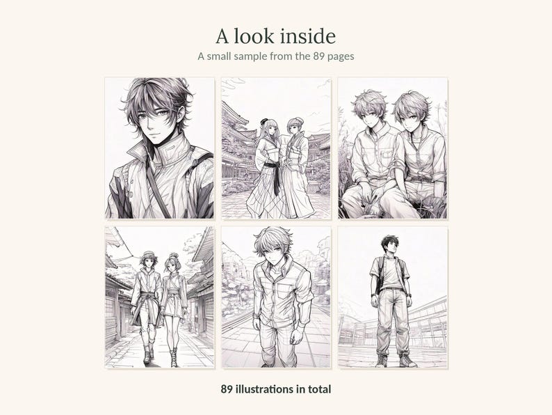 May include: A coloring book page preview featuring six black and white anime-style illustrations of characters in various settings. The text reads A look inside, A small sample from the 89 pages, and 89 illustrations in total.