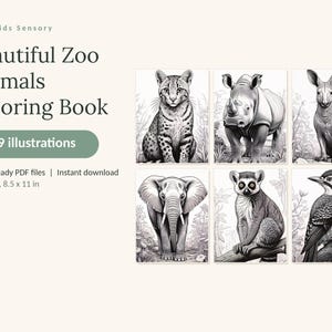 May include: A digital coloring book titled Calm Kids Sensory Beautiful Zoo Animals Coloring Book with 49 illustrations. The cover displays six black and white animal drawings including a cat, rhino, kangaroo, elephant, lemur, and a woodpecker.