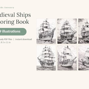 K&ouml;nnte beinhalten: Ein digitales Malbuch mit dem Titel Medieval Ships Coloring Book mit 59 Illustrationen. Das Cover zeigt sechs schwarz-wei&szlig;e Strichzeichnungen von Segelschiffen auf dem Wasser. Der Text umfasst Calm Kids Sensory, 59 illustrations, 4 print-ready PDF files und US Letter, 21,59 x 27,94 cm.