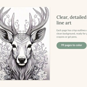May include: A coloring book featuring a detailed black and white line art illustration of a deer with large antlers surrounded by flowers. The text reads: Clear, detailed line art. Each page has crisp outlines on a clean background, ready for pencils, crayons or gel pens. 99 pages to color.