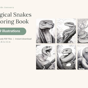 May include: A digital coloring book titled Calm Kids Sensory Magical Snakes Coloring Book with 49 illustrations. The product includes 3 print-ready PDF files in US Letter 8.5 x 11 in format, featuring black and white line art of various snakes.