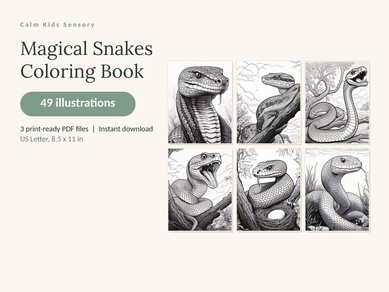 Może przedstawiać: Cyfrowa kolorowanka zatytułowana Calm Kids Sensory Magical Snakes Coloring Book zawierająca 49 ilustracji. Produkt zawiera 3 gotowe do druku pliki PDF w formacie 21,59 x 27,94 cm, przedstawiające czarno-białe rysunki r&oacute;żnych gatunk&oacute;w węży.