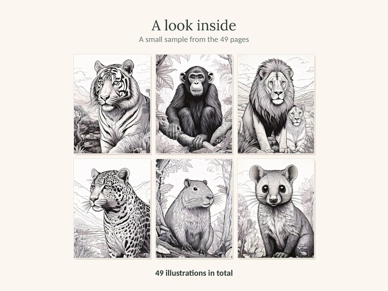 May include: A collection of six black and white animal illustrations featuring a tiger, chimpanzee, lion, leopard, capybara, and a small mammal. The text reads A look inside, A small sample from the 49 pages, and 49 illustrations in total.