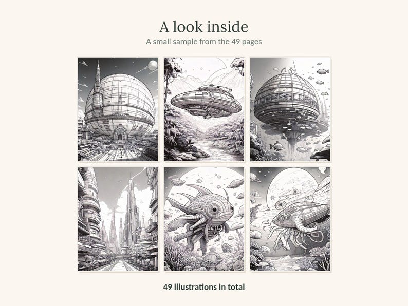 May include: A collection of six black and white line art illustrations featuring science fiction themes, including futuristic domed buildings, flying saucers, and alien sea creatures. Text reads: A look inside, A small sample from the 49 pages, 49 illustrations in total.