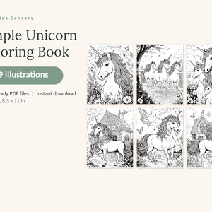 May include: A digital coloring book titled Simple Unicorn Coloring Book with 49 illustrations. The product includes 3 print-ready PDF files in US Letter size, 8.5 x 11 in. Six sample pages show black and white line art of unicorns in various settings.