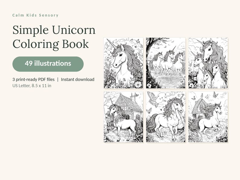 May include: A digital coloring book titled Simple Unicorn Coloring Book with 49 illustrations. The product includes 3 print-ready PDF files in US Letter size, 8.5 x 11 in. Six sample pages show black and white line art of unicorns in various settings.