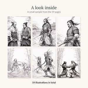 May include: A collection of black and white line art illustrations featuring samurai warriors in various poses and settings. The text reads A look inside, A small sample from the 59 pages, and 59 illustrations in total. The images show warriors in traditional armor, some holding swords, and others engaged in combat within bamboo forests.