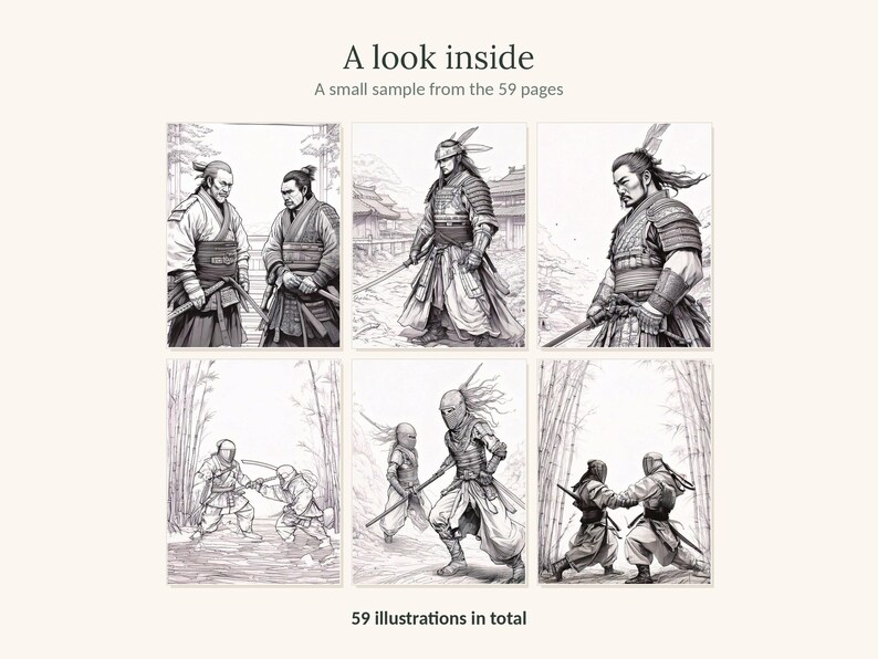 May include: A collection of black and white line art illustrations featuring samurai warriors in various poses and settings. The text reads A look inside, A small sample from the 59 pages, and 59 illustrations in total. The images show warriors in traditional armor, some holding swords, and others engaged in combat within bamboo forests.