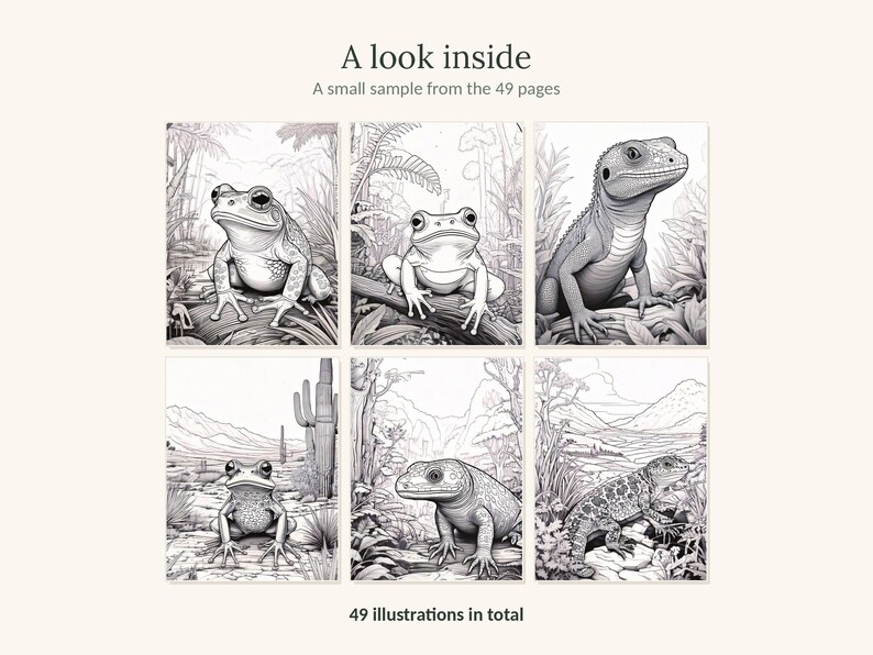 K&ouml;nnte beinhalten: Eine Malbuch-Seitenvorschau mit sechs schwarz-wei&szlig;en Strichzeichnungen von Fr&ouml;schen und Eidechsen in nat&uuml;rlichen Lebensr&auml;umen. Der Text lautet A look inside, A small sample from the 49 pages und 49 illustrations in total.